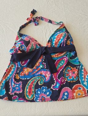 Liz Clairborne Colorful Paisley Halter Tankini Top - Navy Trim